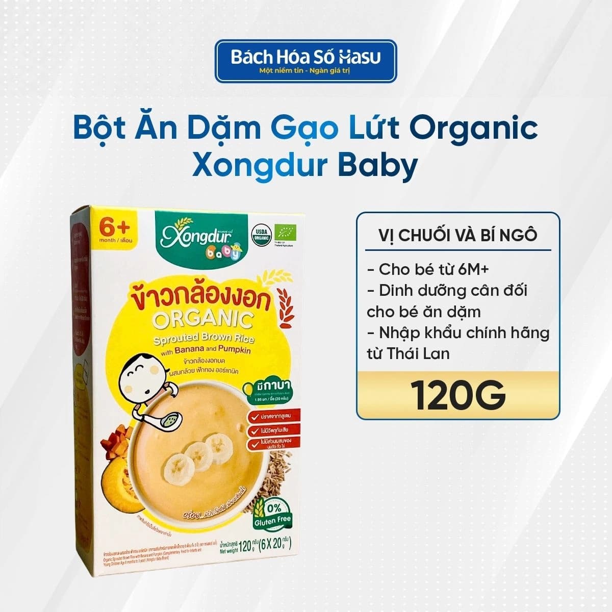 Bột ăn dặm Gạo lứt Organic Xongdur Baby vị Chuối và Bí ngô 120G